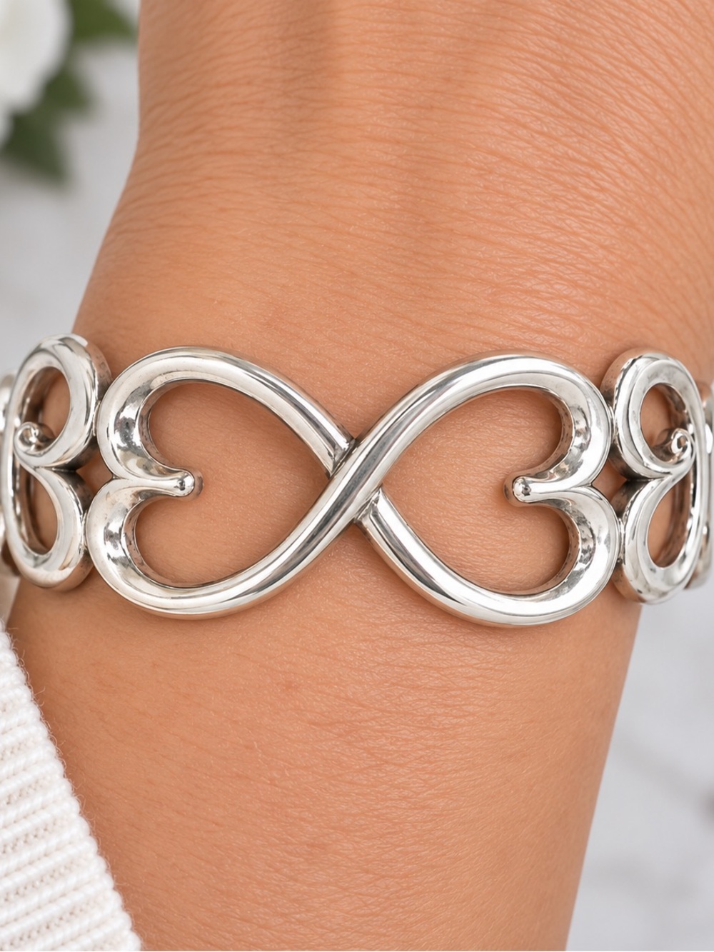 Vintage 925 Sterling Silver Interlocking Heart Cuff Bracelet, Bangle